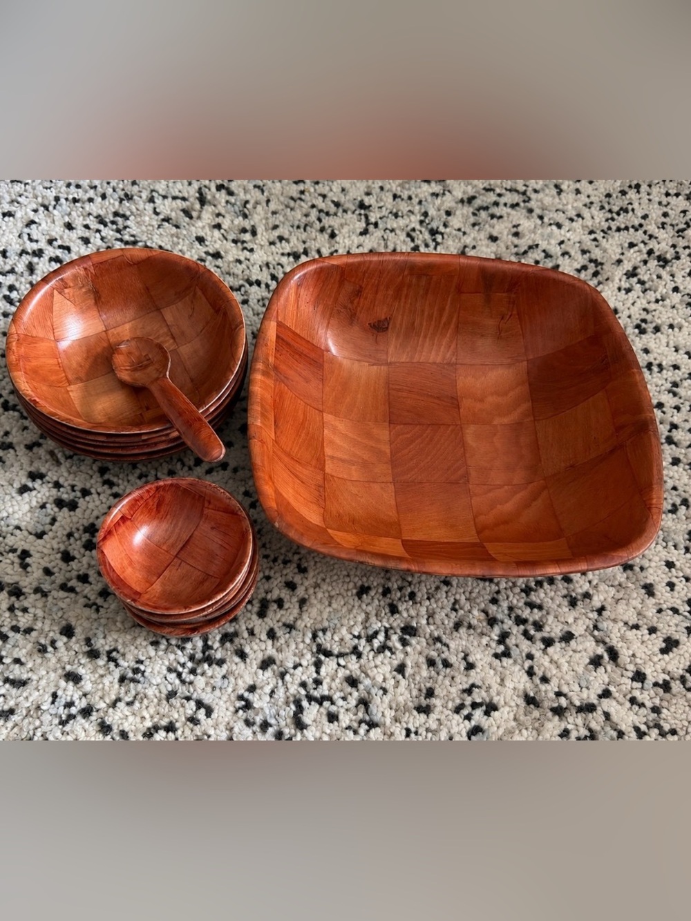 Vintage 1960s Wood Salad Bowl Set Serving Bowl + 6 Bowls Spoon MCM